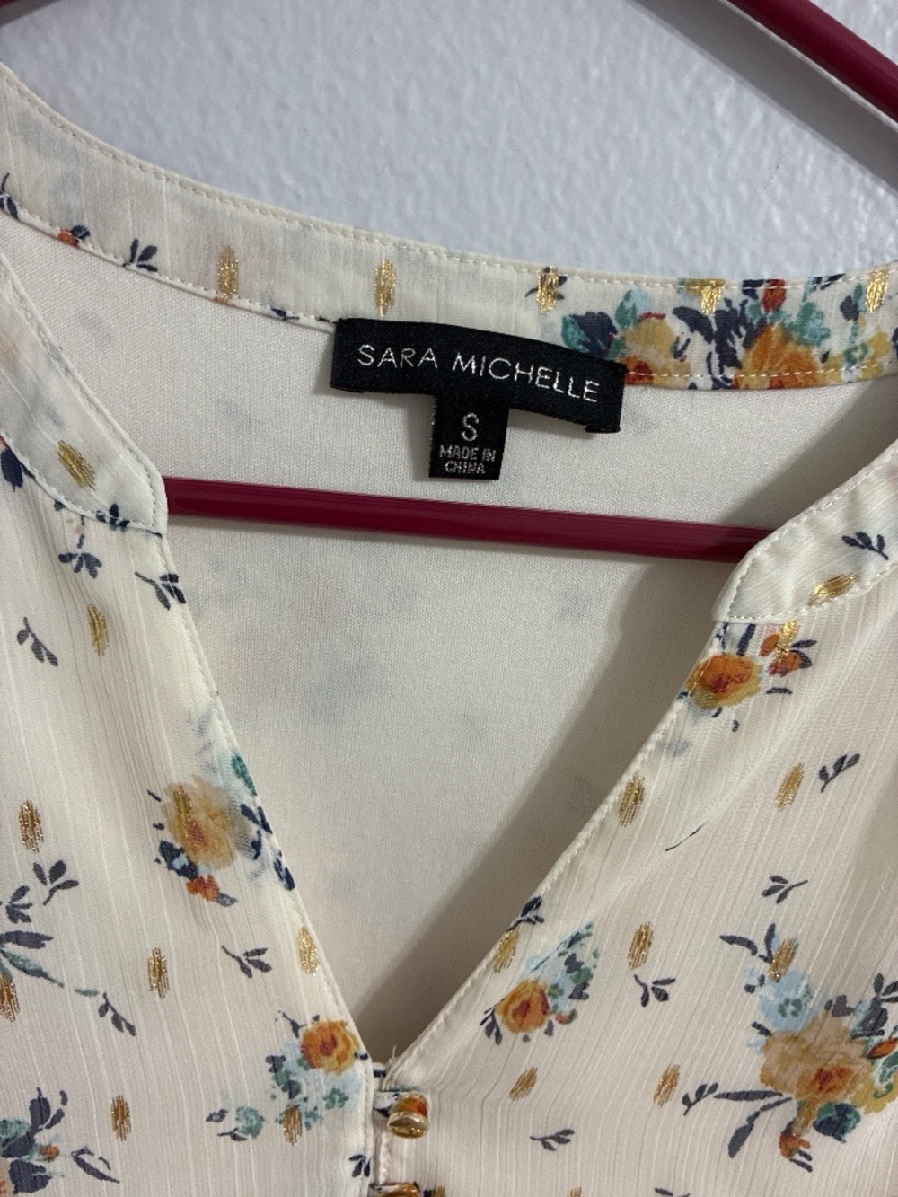 Sara Michelle Floral Metallic Gold Fleck Blouse S Cream Boho V-Neck 3/4 Sleeve - Picture 2 of 10